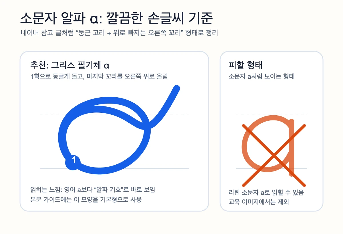 소문자 알파 α를 영어 a와 구분해 쓰는 손글씨 기준 예시 이미지