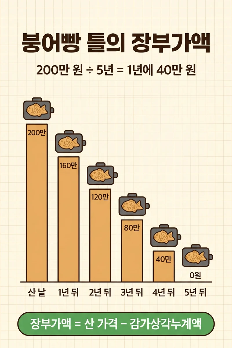 붕어빵 틀 장부가액이 5년 동안 200만 원에서 0원으로 줄어드는 그래프