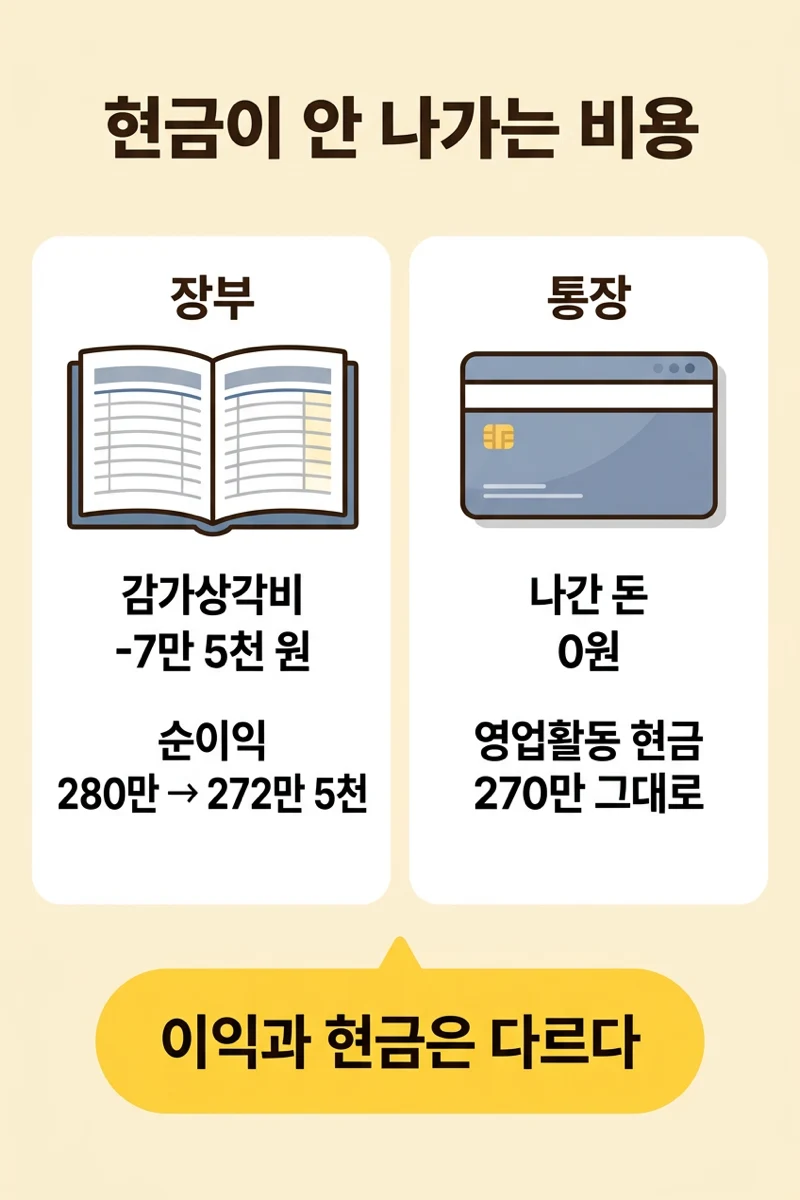 감가상각비는 장부의 비용이지만 통장에서 나간 돈은 없다는 비교