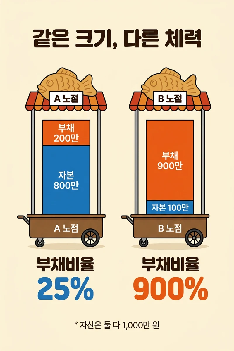 자산이 같은 A 노점과 B 노점의 부채비율 25%와 900% 비교