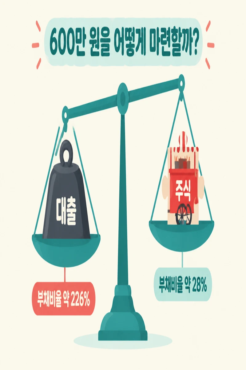 600만 원을 대출로 마련하면 부채비율 약 226%, 주식으로 마련하면 약 28%임을 비교한 저울 그림