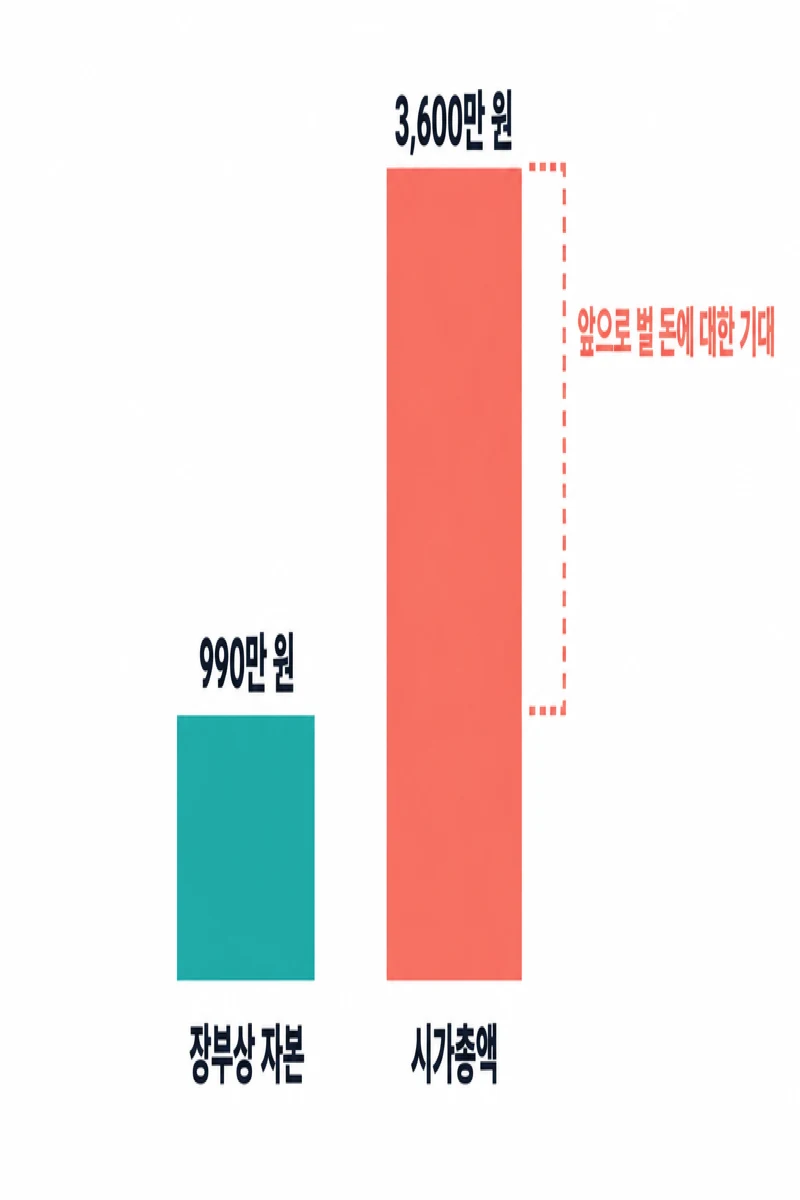 장부상 자본 990만 원과 시가총액 3,600만 원을 비교한 막대그래프