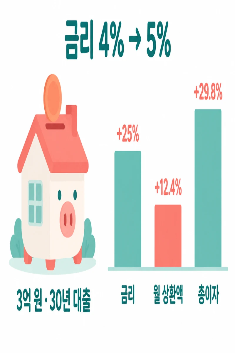 금리 4%에서 5%로 오를 때 금리·월 상환액·총이자 변화율을 비교한 막대그래프