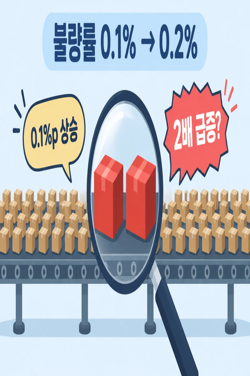불량률 0.1%에서 0.2%를 0.1%p 상승과 2배 급증으로 다르게 표현한 그림